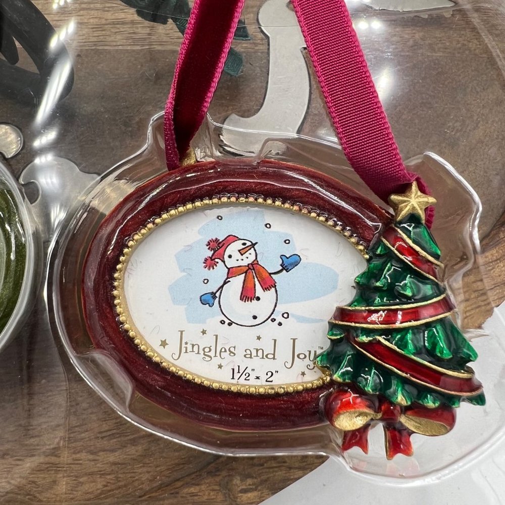 Jingles and Joy Set of 3 Christmas Picture Frame Ornaments Tree Bells Wreath